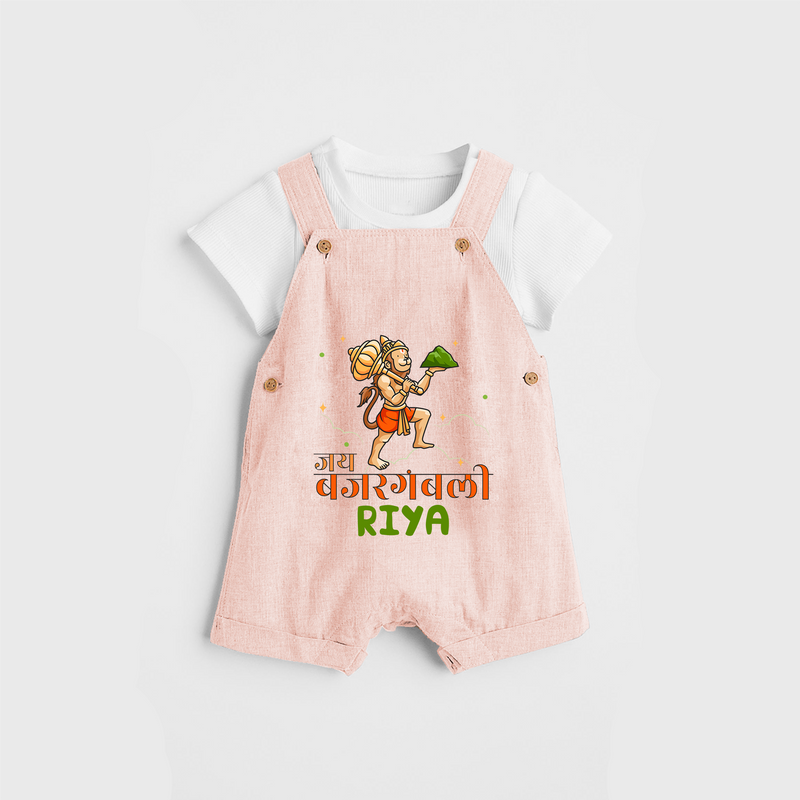 Make a statement with "Jai Bajrang Bali" vibrant colors Customised Dungaree set for Kids - PEACH - 0 - 3 Months Old (Chest 17")