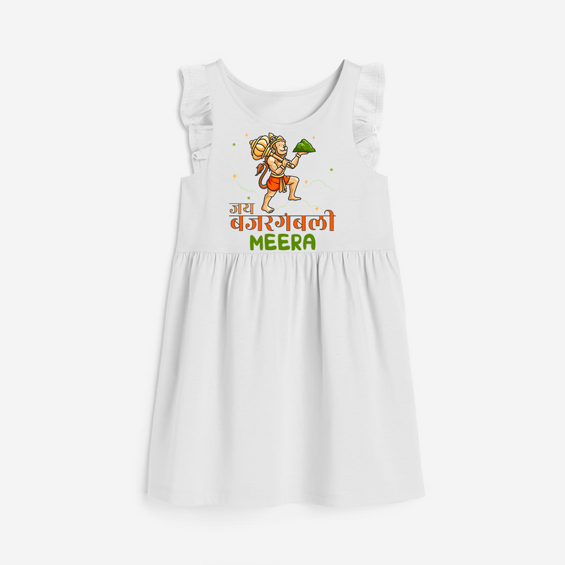Make a statement with "Jai Bajrang Bali" vibrant colors Customised  Girls Frock - WHITE - 0 - 6 Months Old (Chest 18")