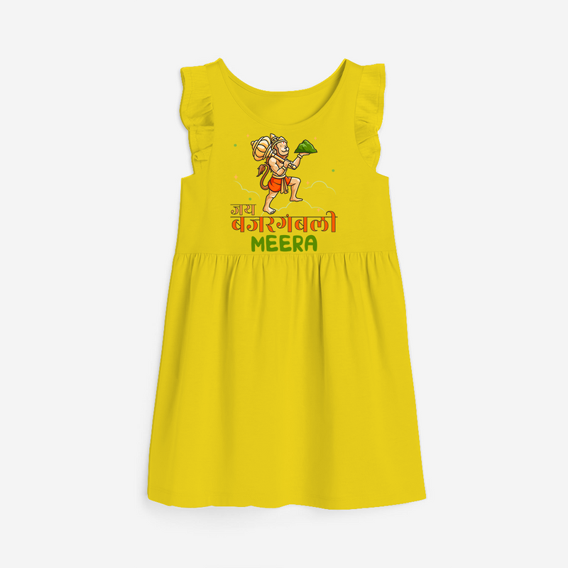Make a statement with "Jai Bajrang Bali" vibrant colors Customised  Girls Frock - YELLOW - 0 - 6 Months Old (Chest 18")