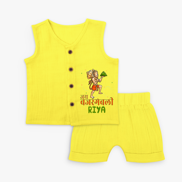 Make a statement with "Jai Bajrang Bali" vibrant colors Customised Jabla set for Kids - YELLOW - 0 - 3 Months Old (Chest 9.8")