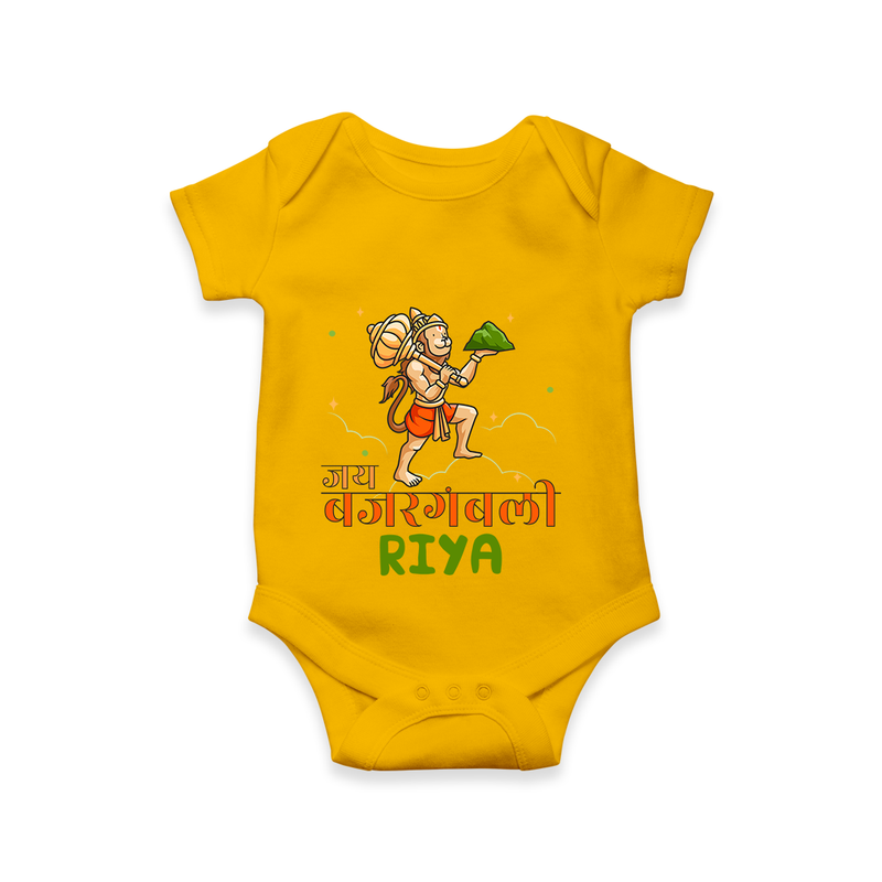 Make a statement with "Jai Bajrang Bali" vibrant colors Customised Romper for Kids - CHROME YELLOW - 0 - 3 Months Old (Chest 16")