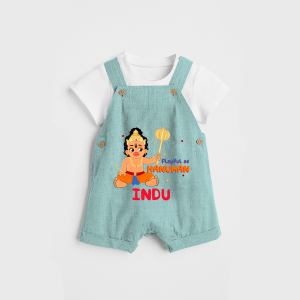 Stand out with eye-catching "Playful As Hanuman" designs of Customised Dungaree set for Kids - AQUA BLUE - 0 - 3 Months Old (Chest 17")