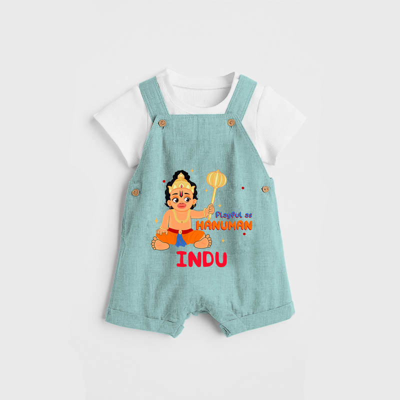 Stand out with eye-catching "Playful As Hanuman" designs of Customised Dungaree set for Kids - AQUA BLUE - 0 - 3 Months Old (Chest 17")