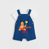 Stand out with eye-catching "Playful As Hanuman" designs of Customised Dungaree set for Kids - COBALT BLUE - 0 - 3 Months Old (Chest 17")