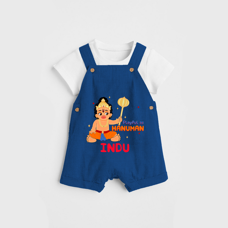 Stand out with eye-catching "Playful As Hanuman" designs of Customised Dungaree set for Kids - COBALT BLUE - 0 - 3 Months Old (Chest 17")