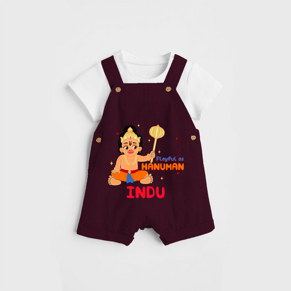 Stand out with eye-catching "Playful As Hanuman" designs of Customised Dungaree set for Kids - MAROON - 0 - 3 Months Old (Chest 17")
