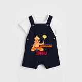 Stand out with eye-catching "Playful As Hanuman" designs of Customised Dungaree set for Kids - NAVY BLUE - 0 - 3 Months Old (Chest 17")