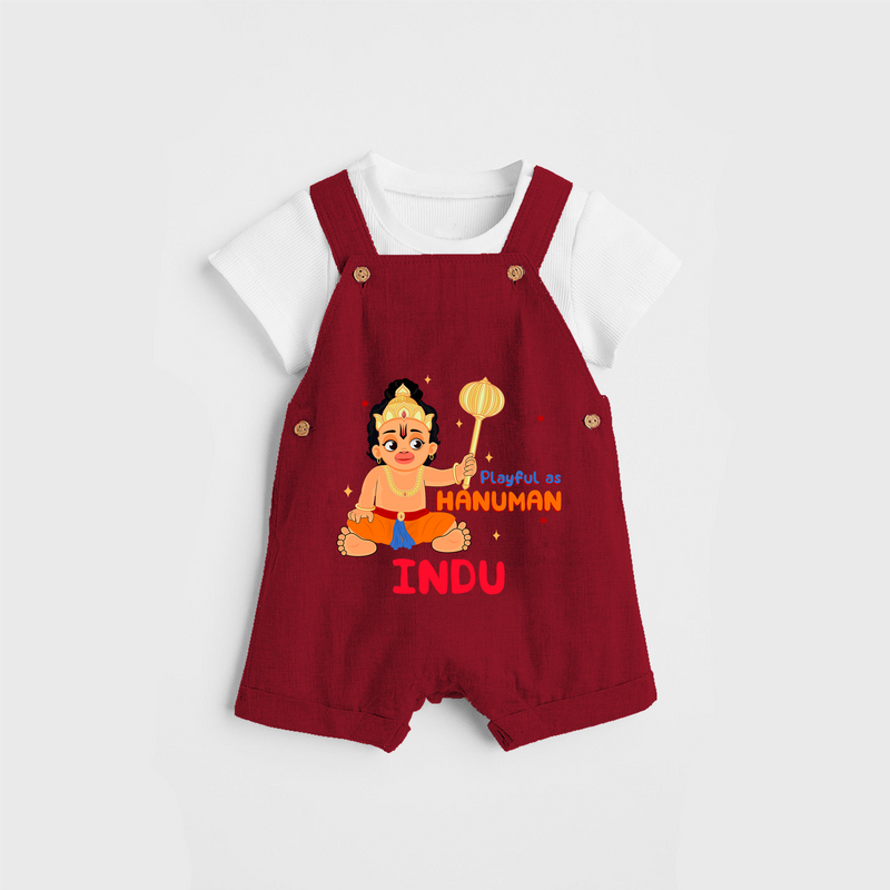 Stand out with eye-catching "Playful As Hanuman" designs of Customised Dungaree set for Kids - RED - 0 - 3 Months Old (Chest 17")