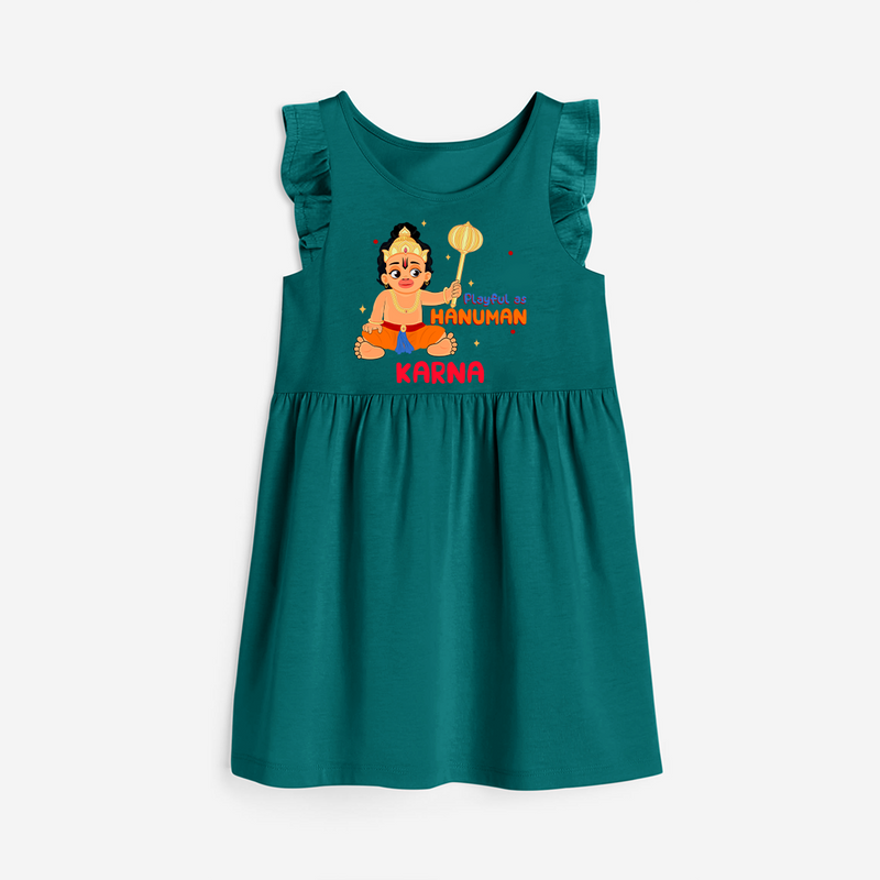 Stand out with eye-catching "Playful As Hanuman" designs of Customised Girls Frock - MYRTLE GREEN - 0 - 6 Months Old (Chest 18")