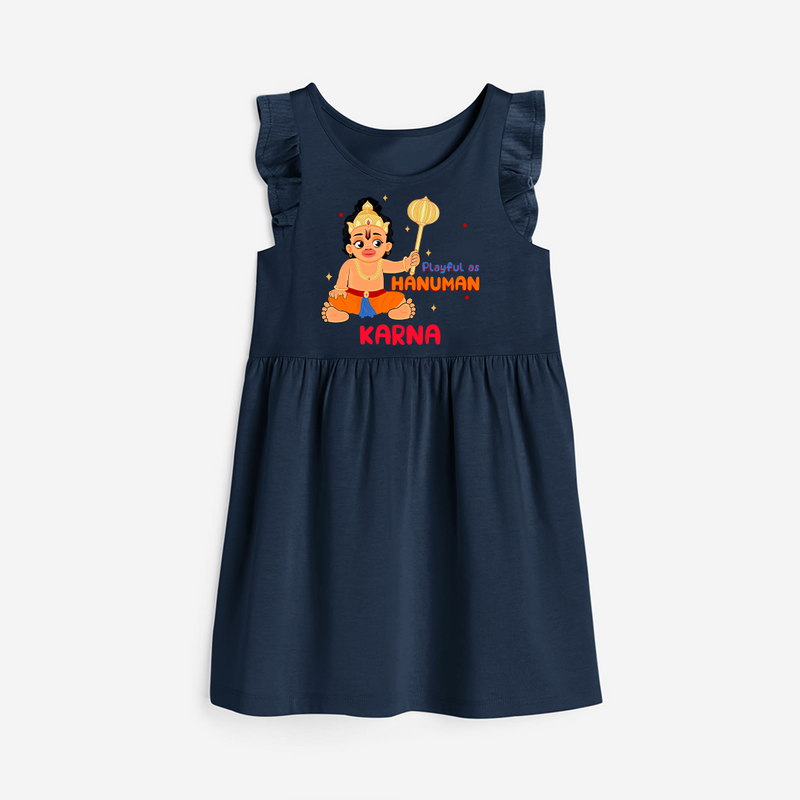 Stand out with eye-catching "Playful As Hanuman" designs of Customised Girls Frock - NAVY BLUE - 0 - 6 Months Old (Chest 18")