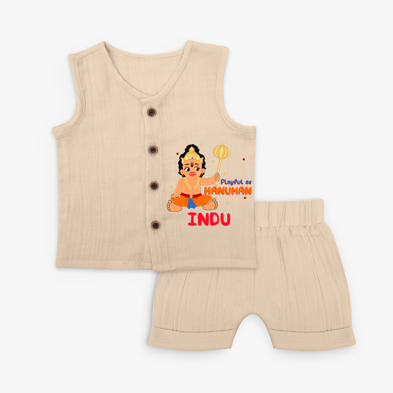 Stand out with eye-catching "Playful As Hanuman" designs of Customised Jabla set for Kids - CREAM - 0 - 3 Months Old (Chest 9.8")