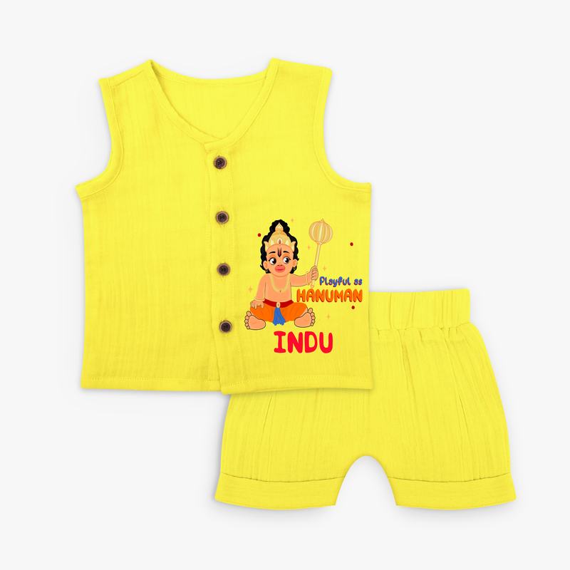 Stand out with eye-catching "Playful As Hanuman" designs of Customised Jabla set for Kids - YELLOW - 0 - 3 Months Old (Chest 9.8")