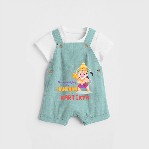 Embrace tradition with "Strong & Mighty Like Hanuman" Customised Dungaree set for Kids - AQUA BLUE - 0 - 3 Months Old (Chest 17")
