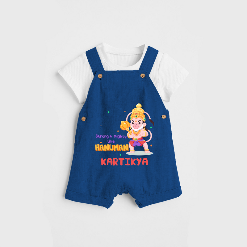 Embrace tradition with "Strong & Mighty Like Hanuman" Customised Dungaree set for Kids - COBALT BLUE - 0 - 3 Months Old (Chest 17")