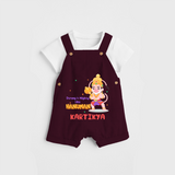 Embrace tradition with "Strong & Mighty Like Hanuman" Customised Dungaree set for Kids - MAROON - 0 - 3 Months Old (Chest 17")