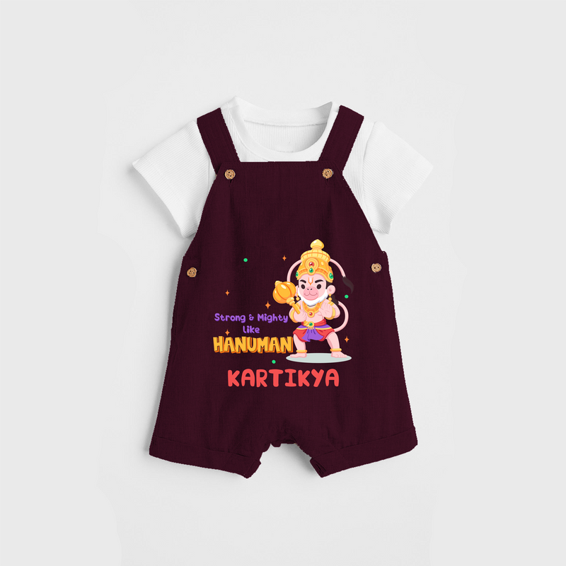 Embrace tradition with "Strong & Mighty Like Hanuman" Customised Dungaree set for Kids - MAROON - 0 - 3 Months Old (Chest 17")