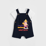 Embrace tradition with "Strong & Mighty Like Hanuman" Customised Dungaree set for Kids - NAVY BLUE - 0 - 3 Months Old (Chest 17")