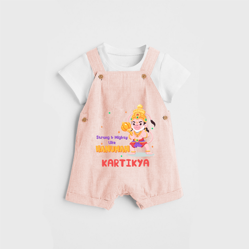 Embrace tradition with "Strong & Mighty Like Hanuman" Customised Dungaree set for Kids - PEACH - 0 - 3 Months Old (Chest 17")