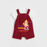 Embrace tradition with "Strong & Mighty Like Hanuman" Customised Dungaree set for Kids - RED - 0 - 3 Months Old (Chest 17")