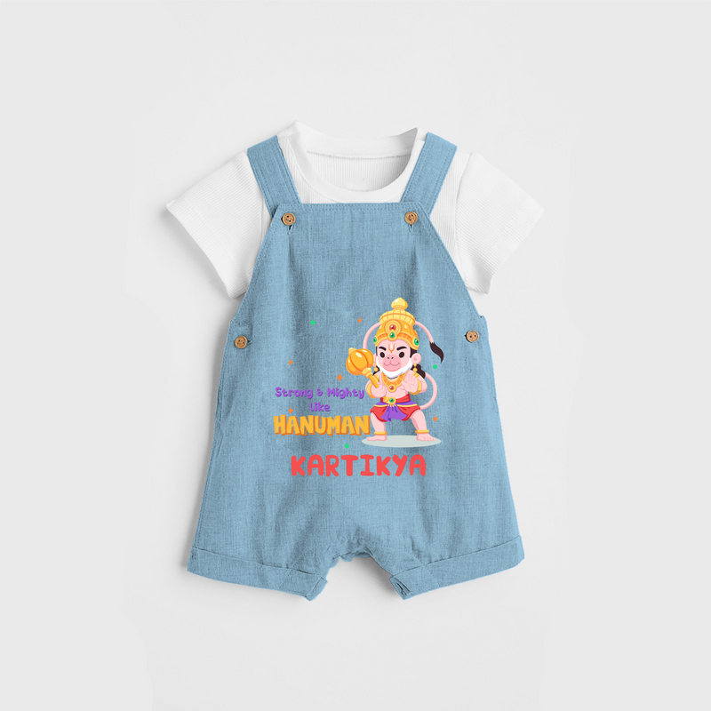 Embrace tradition with "Strong & Mighty Like Hanuman" Customised Dungaree set for Kids - SKY BLUE - 0 - 3 Months Old (Chest 17")