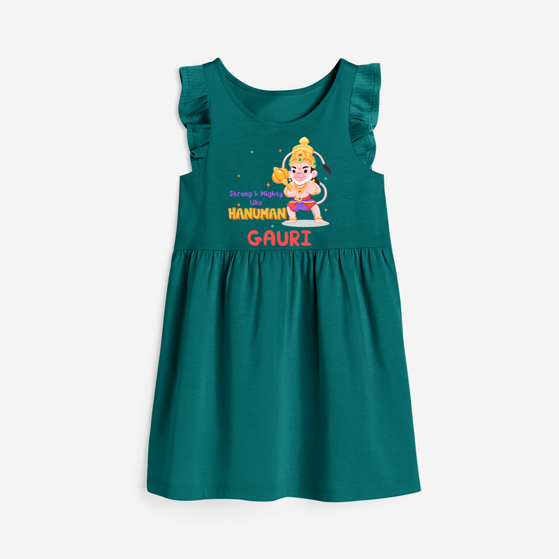 Embrace tradition with "Strong & Mighty Like Hanuman" Customised Girls Frock - MYRTLE GREEN - 0 - 6 Months Old (Chest 18")