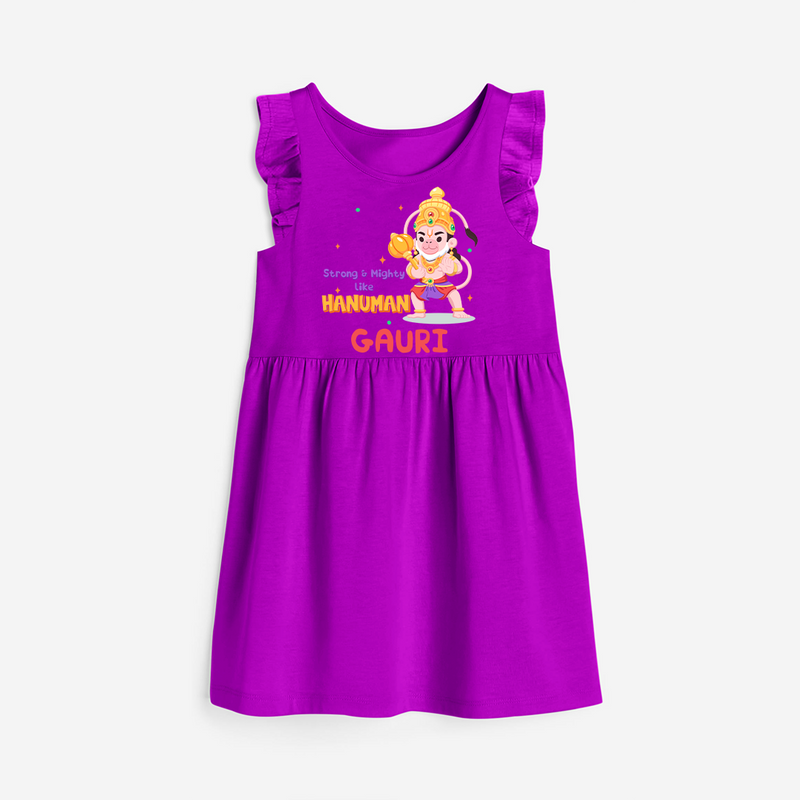 Embrace tradition with "Strong & Mighty Like Hanuman" Customised Girls Frock - PURPLE - 0 - 6 Months Old (Chest 18")