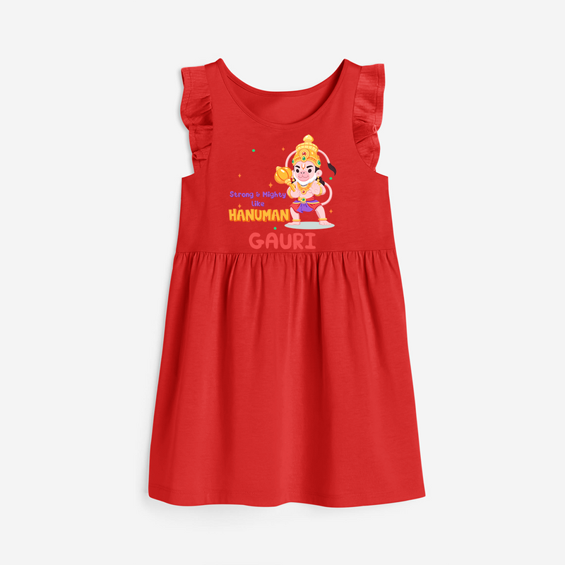 Embrace tradition with "Strong & Mighty Like Hanuman" Customised Girls Frock - RED - 0 - 6 Months Old (Chest 18")