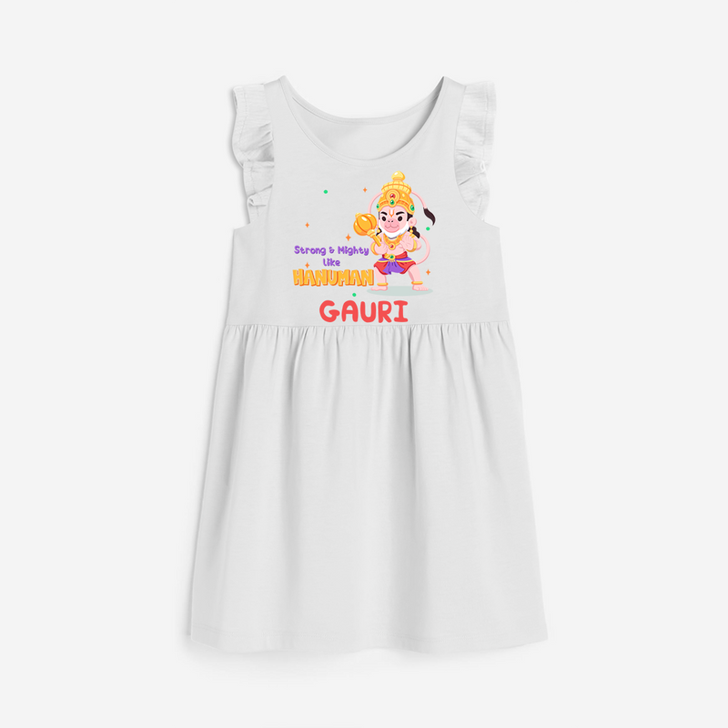 Embrace tradition with "Strong & Mighty Like Hanuman" Customised Girls Frock - WHITE - 0 - 6 Months Old (Chest 18")
