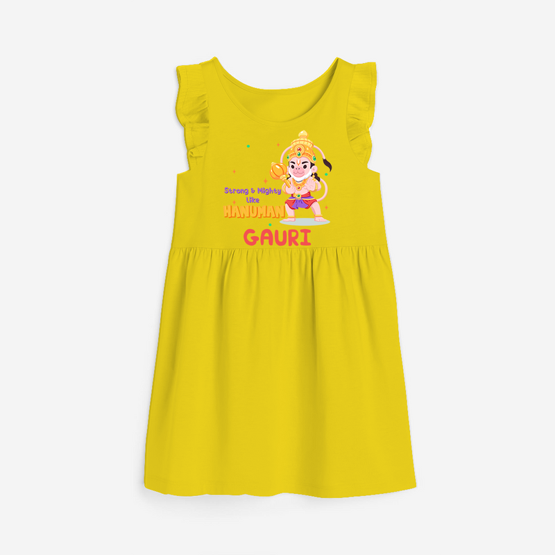 Embrace tradition with "Strong & Mighty Like Hanuman" Customised Girls Frock - YELLOW - 0 - 6 Months Old (Chest 18")