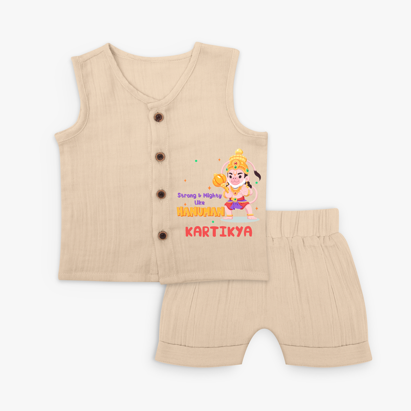 Embrace tradition with "Strong & Mighty Like Hanuman" Customised Jabla set for Kids - CREAM - 0 - 3 Months Old (Chest 9.8")