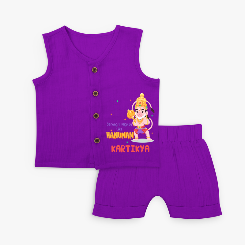 Embrace tradition with "Strong & Mighty Like Hanuman" Customised Jabla set for Kids - ROYAL PURPLE - 0 - 3 Months Old (Chest 9.8")