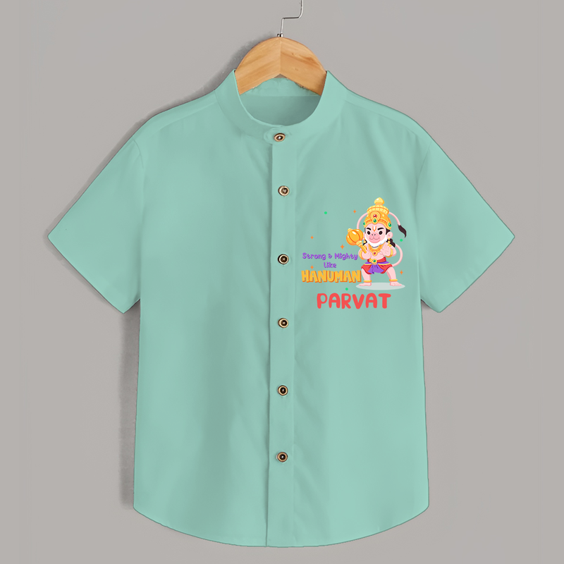 Embrace tradition with "Strong & Mighty Like Hanuman" Customised  Shirt for kids - MINT GREEN - 0 - 6 Months Old (Chest 21")