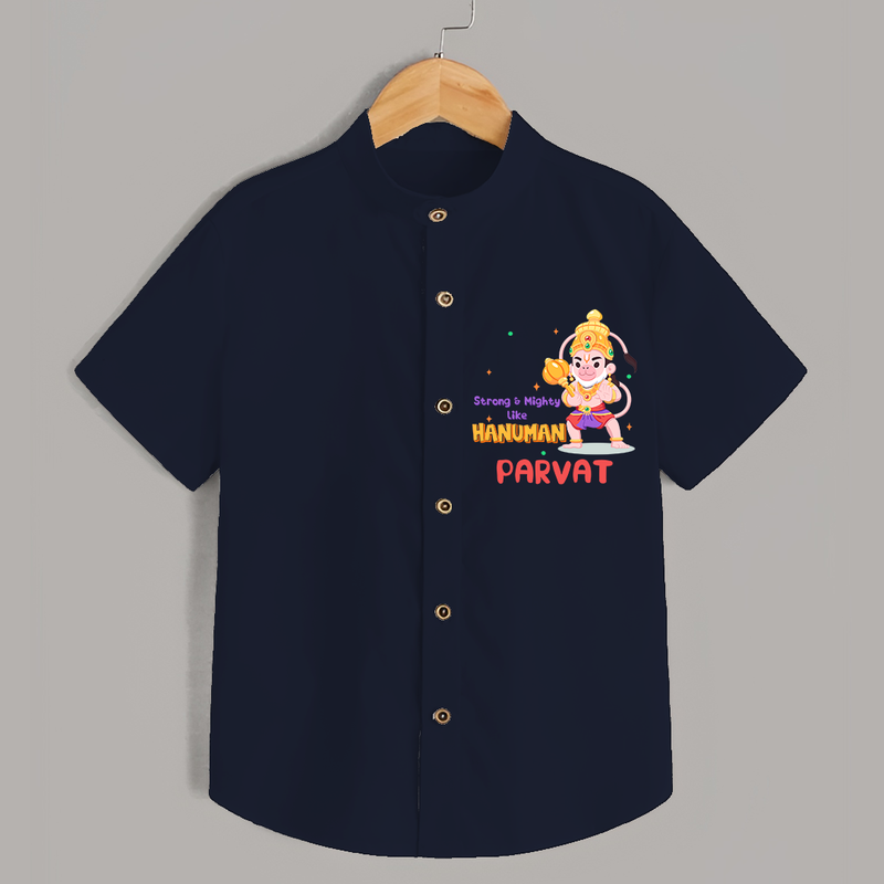 Embrace tradition with "Strong & Mighty Like Hanuman" Customised  Shirt for kids - NAVY BLUE - 0 - 6 Months Old (Chest 21")
