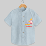 Embrace tradition with "Strong & Mighty Like Hanuman" Customised  Shirt for kids - PASTEL BLUE CHAMBREY - 0 - 6 Months Old (Chest 21")