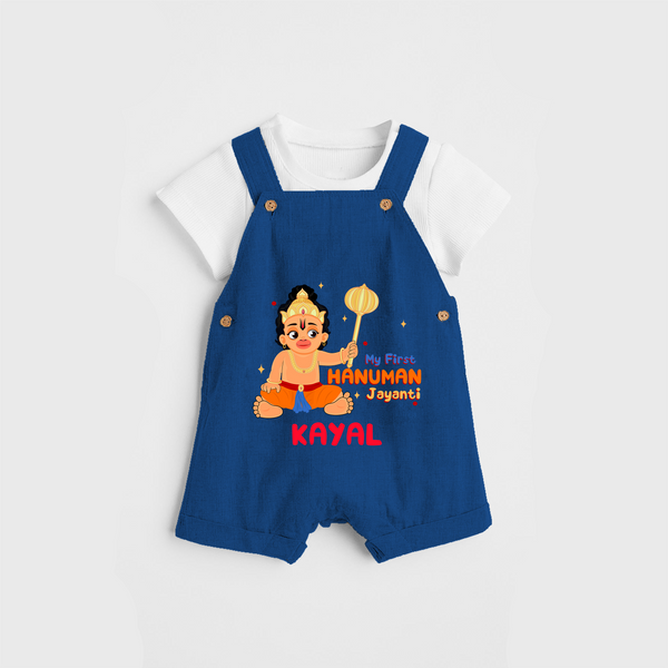 Shine with joy in our "My 1st Hanuman Jayanti" Customised Dungaree set for Kids - COBALT BLUE - 0 - 3 Months Old (Chest 17")