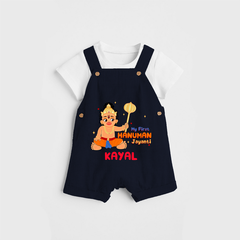 Shine with joy in our "My 1st Hanuman Jayanti" Customised Dungaree set for Kids - NAVY BLUE - 0 - 3 Months Old (Chest 17")