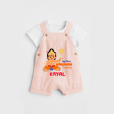 Shine with joy in our "My 1st Hanuman Jayanti" Customised Dungaree set for Kids - PEACH - 0 - 3 Months Old (Chest 17")