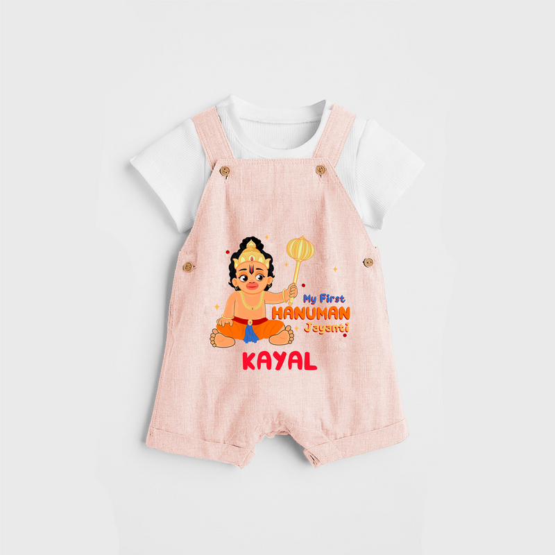 Shine with joy in our "My 1st Hanuman Jayanti" Customised Dungaree set for Kids - PEACH - 0 - 3 Months Old (Chest 17")