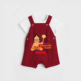 Shine with joy in our "My 1st Hanuman Jayanti" Customised Dungaree set for Kids - RED - 0 - 3 Months Old (Chest 17")