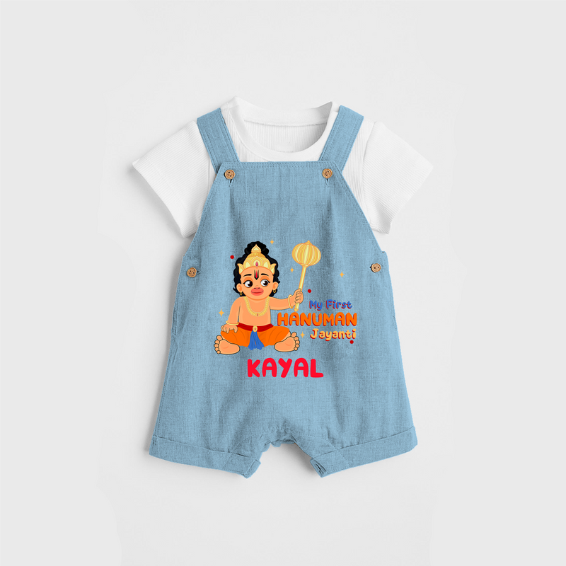 Shine with joy in our "My 1st Hanuman Jayanti" Customised Dungaree set for Kids - SKY BLUE - 0 - 3 Months Old (Chest 17")