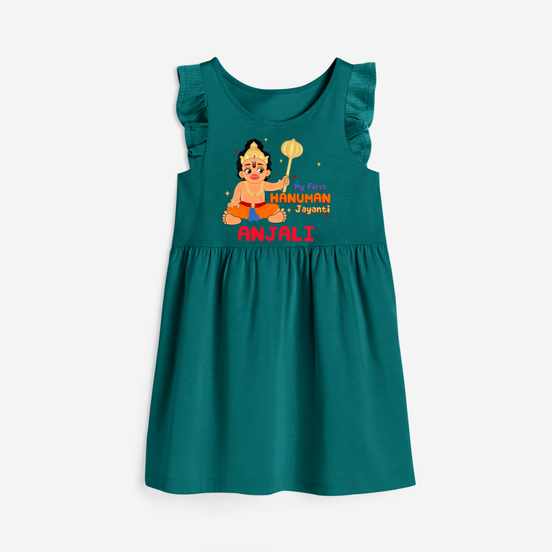 Shine with joy in our "My 1st Hanuman Jayanti" Customised Girls Frock - MYRTLE GREEN - 0 - 6 Months Old (Chest 18")