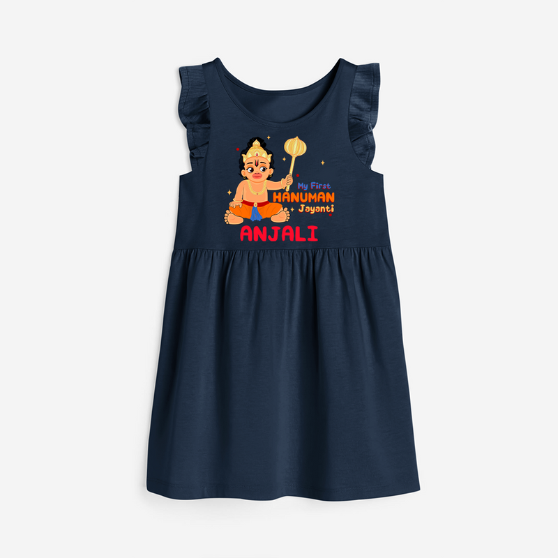 Shine with joy in our "My 1st Hanuman Jayanti" Customised Girls Frock - NAVY BLUE - 0 - 6 Months Old (Chest 18")