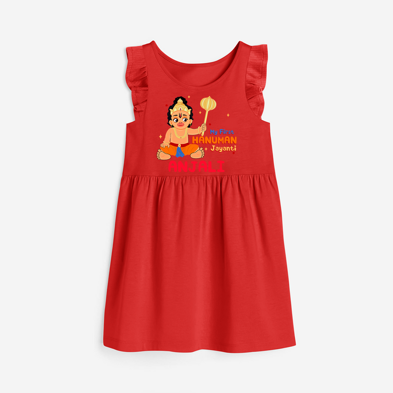 Shine with joy in our "My 1st Hanuman Jayanti" Customised Girls Frock - RED - 0 - 6 Months Old (Chest 18")