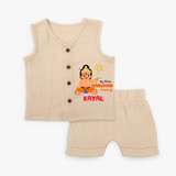 Shine with joy in our "My 1st Hanuman Jayanti" Customised Jabla set for Kids - CREAM - 0 - 3 Months Old (Chest 9.8")