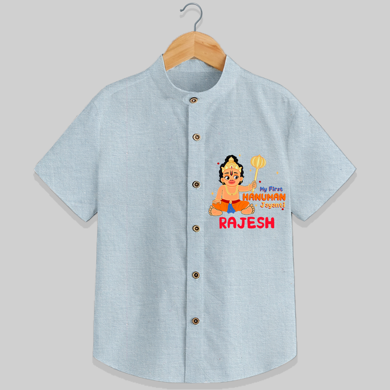 Shine with joy in our "My 1st Hanuman Jayanti" Customised  Shirt for kids - PASTEL BLUE CHAMBREY - 0 - 6 Months Old (Chest 21")