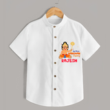 Shine with joy in our "My 1st Hanuman Jayanti" Customised  Shirt for kids - WHITE - 0 - 6 Months Old (Chest 21")