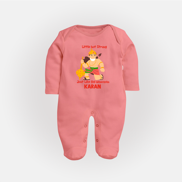Little but Strong Just Like Bal Hanuman – Personalized Baby Fullbody Suit - PEACH - New Born (Chest 7.5")