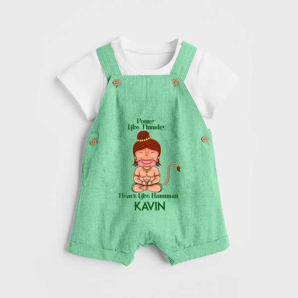 Power Like Thunder, Heart Like Hanuman Dungaree Set | Personalized Baby Dungaree Set for Hanuman Jayanti - GREEN - 0 - 5 Months Old (Chest 18")