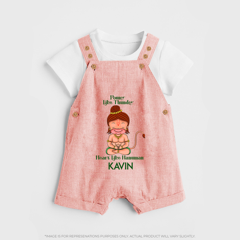 Power Like Thunder, Heart Like Hanuman Dungaree Set | Personalized Baby Dungaree Set for Hanuman Jayanti - PEACH - 0 - 5 Months Old (Chest 18")