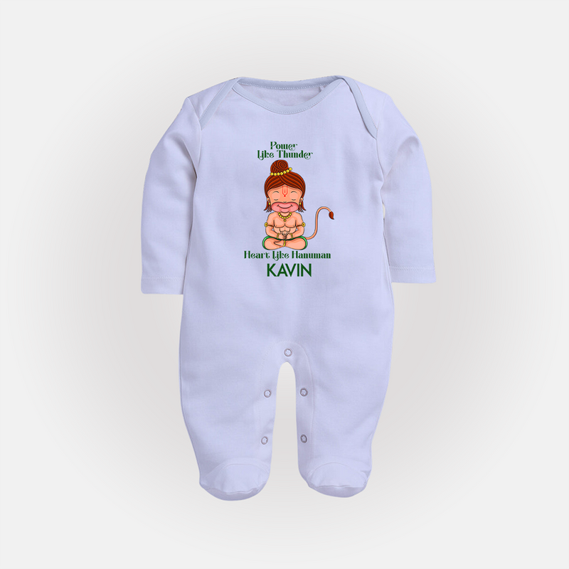 Power Like Thunder, Heart Like Hanuman Sleep Suit | Personalized Baby Sleep Suit for Hanuman Jayanti - BABY BLUE - New Born (Chest 7.5")